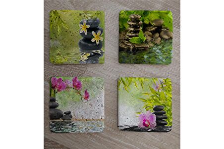 Spa Taşları ve Orkide Doğal Taş Bardak Altlığı 4'lü set - Natural Stone Coasters