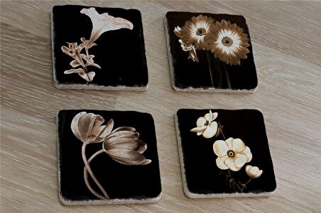Siyah Zemin Lale Gerbera ve Çiçekler Doğal Taş Bardak Altlığı 4'lü set - Natural Stone Coasters