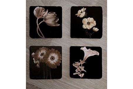 Siyah Zemin Lale Gerbera ve Çiçekler Doğal Taş Bardak Altlığı 4'lü set - Natural Stone Coasters