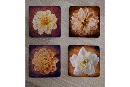 Lotus ve Gül Doğal Taş Bardak Altlığı 4'lü set - Natural Stone Coasters