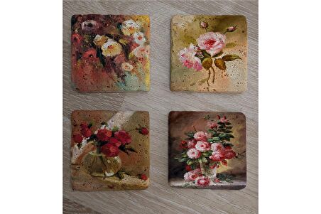 Renkli Güller Doğal Taş Bardak Altlığı 4'lü set - Natural Stone Coasters