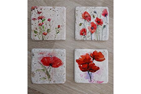 Kırmızı Şakayıklar Doğal Taş Bardak Altlığı 4'lü set - Natural Stone Coasters