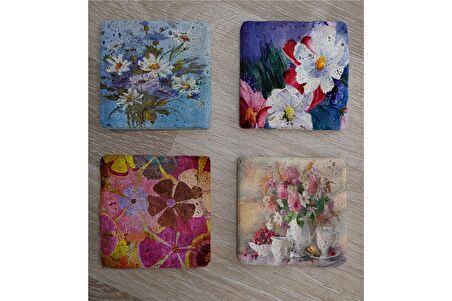 Renkli Papatyalar Doğal Taş Bardak Altlığı 4'lü set - Natural Stone Coasters
