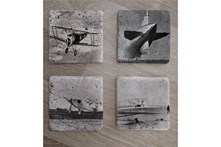 Siyah Beyaz Zeplin ve Eski Uçaklar Doğal Taş Bardak Altlığı 4'lü set - Natural Stone Coasters