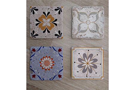 Çiçekli Desenler Doğal Taş Bardak Altlığı 4'lü set - Natural Stone Coasters