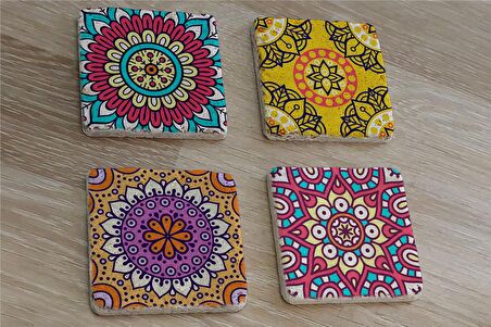 Mandala Desenleri Doğal Taş Bardak Altlığı 4'lü set - Natural Stone Coasters