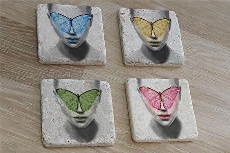 Kelebek Maskeli Kadın Doğal Taş Bardak Altlığı 4'lü set - Natural Stone Coasters