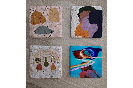 Tasarım Figür Line Art ve Objeler Doğal Taş Bardak Altlığı 4'lü set - Natural Stone Coasters
