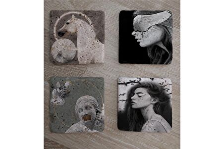 Tasarım Heykel At ve Kadın Portreler Doğal Taş Bardak Altlığı 4'lü set - Natural Stone Coasters