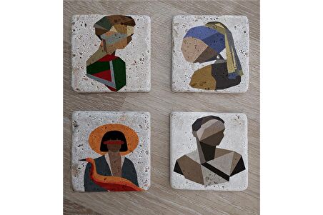 Renkli Vektör İnci Küpeli Kız ve Portreler Doğal Taş Bardak Altlığı 4'lü set - Natural Stone Coasters