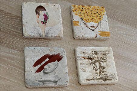 Tasarım Büst Heykel ve Kadın Figürler Doğal Taş Bardak Altlığı 4'lü set - Natural Stone Coasters