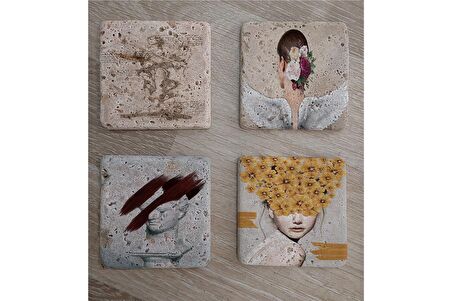 Tasarım Büst Heykel ve Kadın Figürler Doğal Taş Bardak Altlığı 4'lü set - Natural Stone Coasters