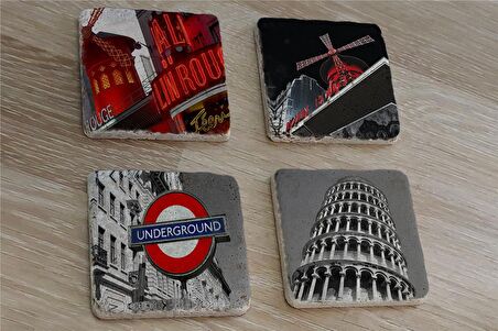 Moulin Rouge Pisa Kulesi ve Londra Metro Girişi Doğal Taş Bardak Altlığı 4'lü set - Natural Stone Coasters