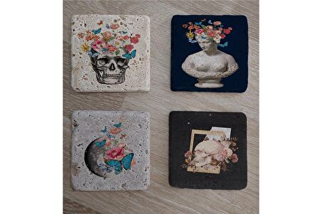 Çiçekli Heykel Kuru Kafa ve Dünya Doğal Taş Bardak Altlığı 4'lü set - Natural Stone Coasters
