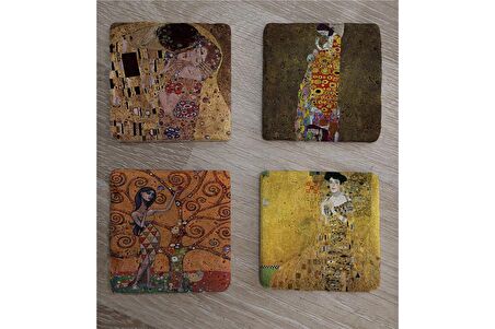 Gustav Klimt Kiss (Öpücük) ve Eserleri Doğal Taş Bardak Altlığı 4'lü set - Natural Stone Coasters