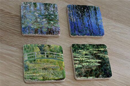 Claude Monet Eserleri Doğal Taş Bardak Altlığı 4'lü set - Natural Stone Coasters