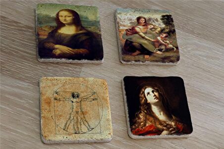 Leonardo Da Vinci Monalisa ve  Eserleri Doğal Taş Bardak Altlığı 4'lü set - Natural Stone Coasters