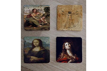 Leonardo Da Vinci Monalisa ve  Eserleri Doğal Taş Bardak Altlığı 4'lü set - Natural Stone Coasters