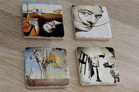 Salvador Dali Atomicus Potre ve Eserleri Doğal Taş Bardak Altlığı 4'lü set - Natural Stone Coasters