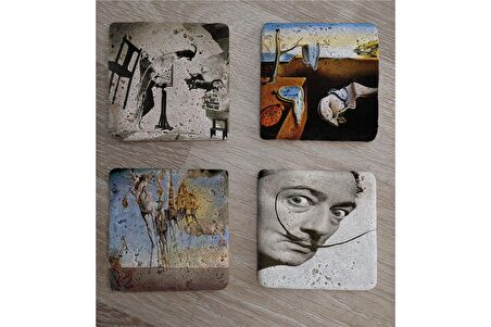 Salvador Dali Atomicus Potre ve Eserleri Doğal Taş Bardak Altlığı 4'lü set - Natural Stone Coasters