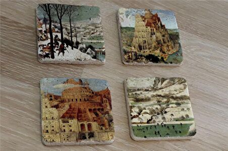 Pieter Brueghel Babil Kulesi ve Eserleri  Doğal Taş Bardak Altlığı 4'lü set - Natural Stone Coasters