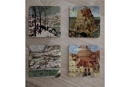 Pieter Brueghel Babil Kulesi ve Eserleri  Doğal Taş Bardak Altlığı 4'lü set - Natural Stone Coasters