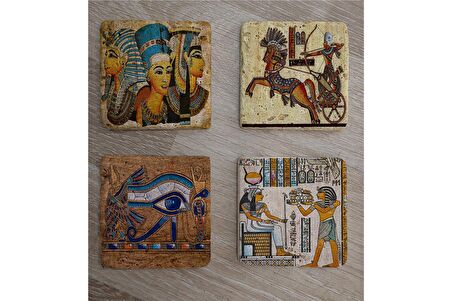 Hathor Ra'nın Gözü (Horus) Ramses ve Firavunlar Doğal Taş Bardak Altlığı 4'lü set - Natural Stone Coasters