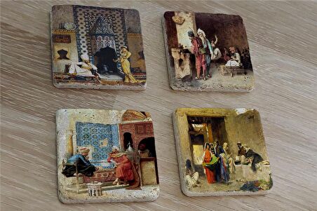 Oryantal Satranç Oynayanlar Kahveci ve Sultan Süleyman Doğal Taş Bardak Altlığı 4'lü set - Natural Stone Coasters