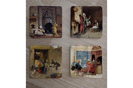 Oryantal Satranç Oynayanlar Kahveci ve Sultan Süleyman Doğal Taş Bardak Altlığı 4'lü set - Natural Stone Coasters
