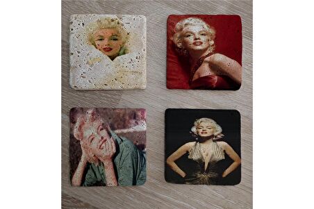 Marilyn Monroe Fotoğrafları Doğal Taş Bardak Altlığı 4'lü set - Natural Stone Coasters