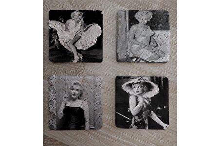 Siyah Beyaz Marilyn Monroe Fotoğrafları Doğal Taş Bardak Altlığı 4'lü set - Natural Stone Coasters