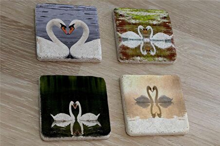 Kuğular Doğal Taş Bardak Altlığı 4'lü set - Natural Stone Coasters