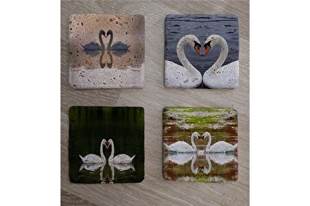 Kuğular Doğal Taş Bardak Altlığı 4'lü set - Natural Stone Coasters