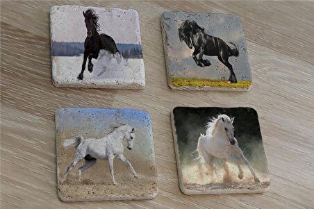 Koşan Atlar Doğal Taş Bardak Altlığı 4'lü set - Natural Stone Coasters