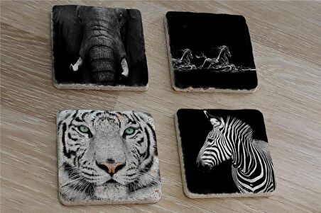 Siyah Beyaz Fil At Kaplan Zebra Doğal Taş Bardak Altlığı 4'lü set - Natural Stone Coasters