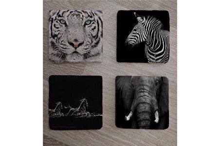 Siyah Beyaz Fil At Kaplan Zebra Doğal Taş Bardak Altlığı 4'lü set - Natural Stone Coasters