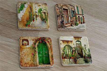Taş Evler Doğal Taş Bardak Altlığı 4'lü set - Natural Stone Coasters