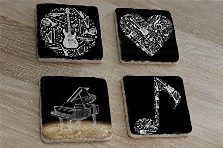 Siyah Beyaz Müzik Görselleri Doğal Taş Bardak Altlığı 4'lü set - Natural Stone Coasters