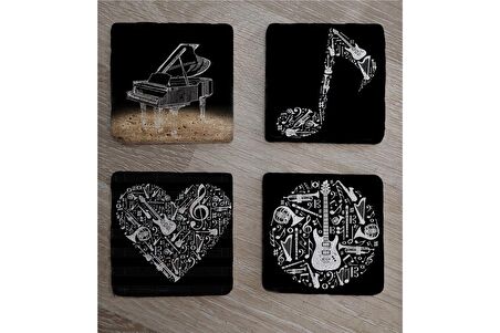 Siyah Beyaz Müzik Görselleri Doğal Taş Bardak Altlığı 4'lü set - Natural Stone Coasters