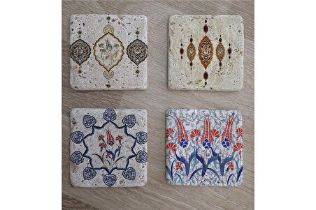 Çini Desenleri Doğal Taş Bardak Altlığı 4'lü set - Natural Stone Coasters