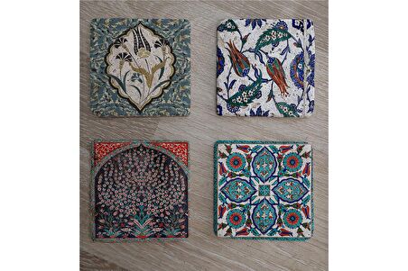 Çini Desenleri Doğal Taş Bardak Altlığı 4'lü set - Natural Stone Coasters