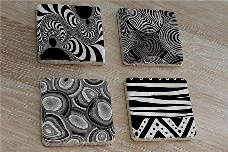Siyah Beyaz Geometrik Desenler Doğal Taş Bardak Altlığı 4'lü set - Natural Stone Coasters