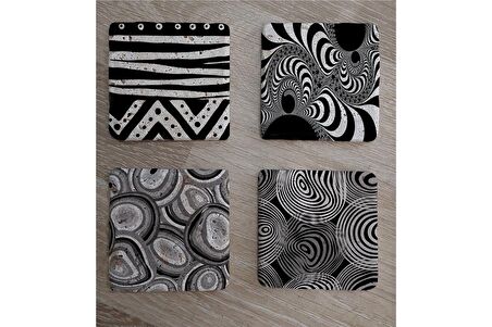 Siyah Beyaz Geometrik Desenler Doğal Taş Bardak Altlığı 4'lü set - Natural Stone Coasters
