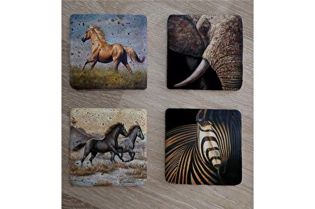 Zebra Fil ve Atlar Doğal Taş Bardak Altlığı 4'lü set - Natural Stone Coasters