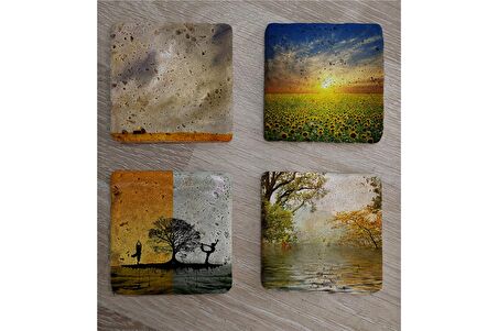 Yoga Denge ve Gün Btımı Manzaralar Doğal Taş Bardak Altlığı 4'lü set - Natural Stone Coasters