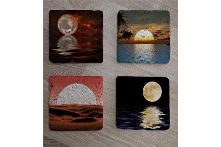 Ay ve Gün Batımı Manzaralar Doğal Taş Bardak Altlığı 4'lü set - Natural Stone Coasters