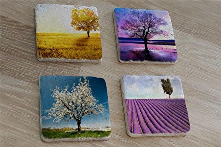 Tek Ağaçlı Manzaralar Doğal Taş Bardak Altlığı 4'lü set - Natural Stone Coasters