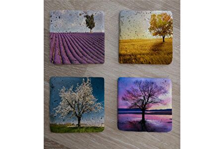 Tek Ağaçlı Manzaralar Doğal Taş Bardak Altlığı 4'lü set - Natural Stone Coasters