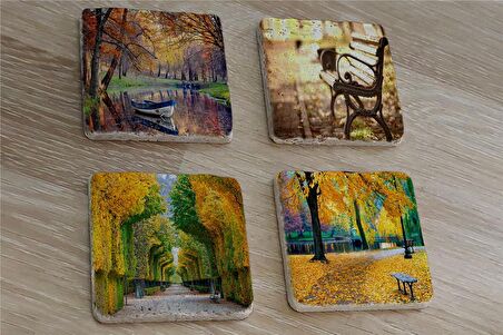 Sonbahar Manzaraları Doğal Taş Bardak Altlığı 4'lü set - Natural Stone Coasters
