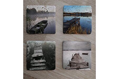 Gölde İskele ve Kayık Manzaraları Doğal Taş Bardak Altlığı 4'lü set - Natural Stone Coasters